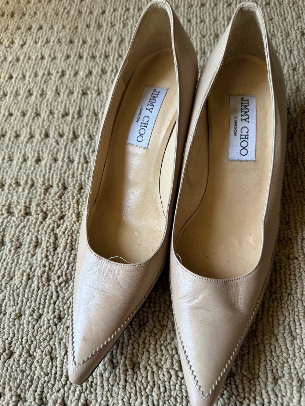 Jimmy Choo Beige Leather Pointed Toe Kitten Pumps 36.5 + COA